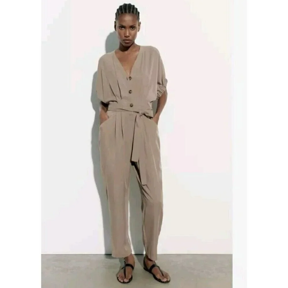 Zara SAND JUMPSUIT ROMPER  7969 048 SIZE S WOMEN'S